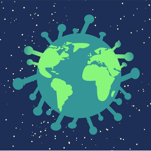 tekening wereldbol in vorm van coronavirus