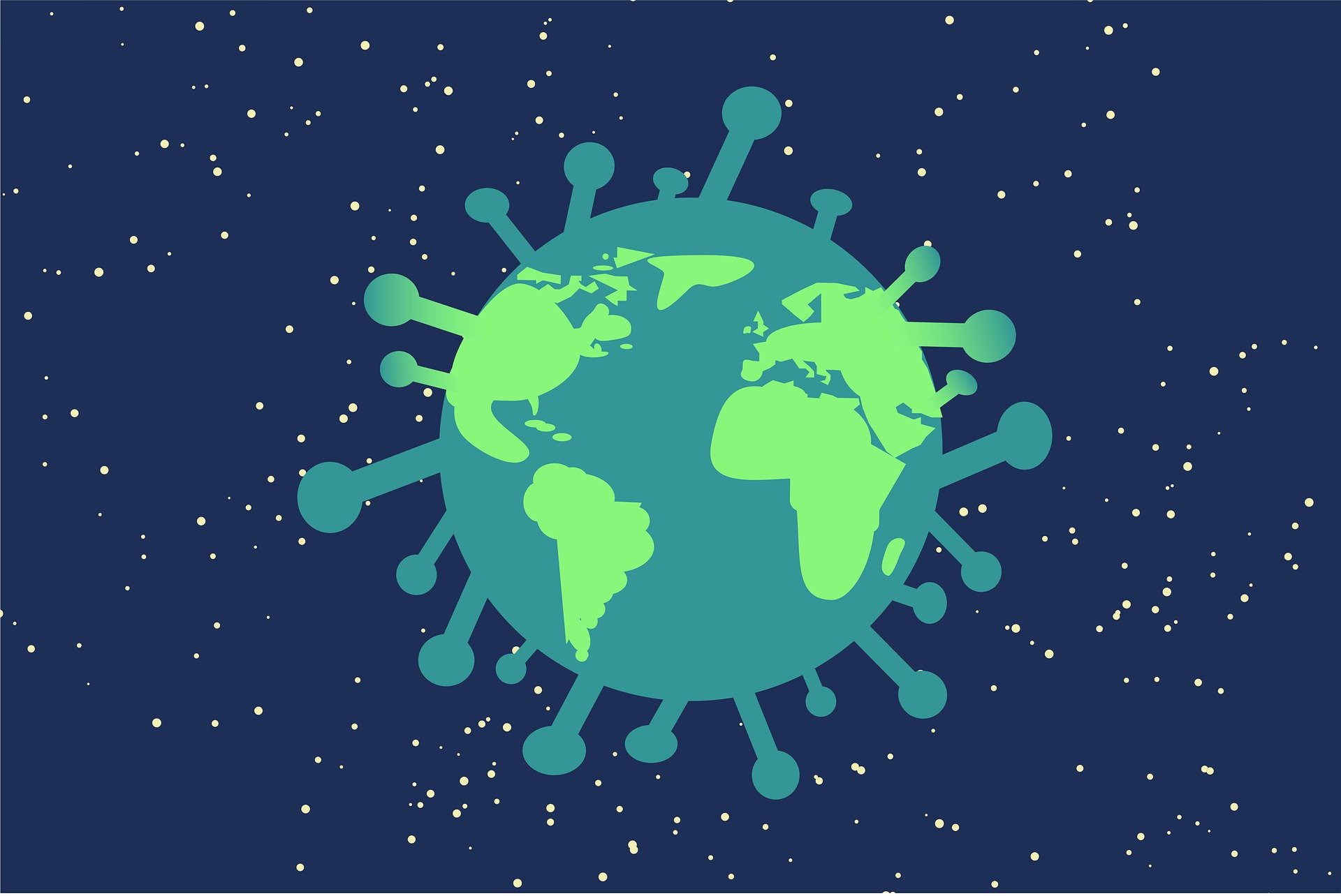 tekening wereldbol in vorm van coronavirus