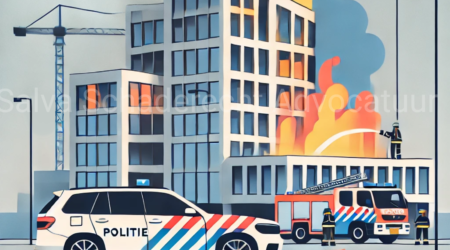 Afbeelding van brandend gebouw met politie en brandweer bij blog over brandregres en brandverzekering.