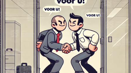 Tekening van twee mannen bij een deuropening bij blog over verzekeringsrecht samenloop